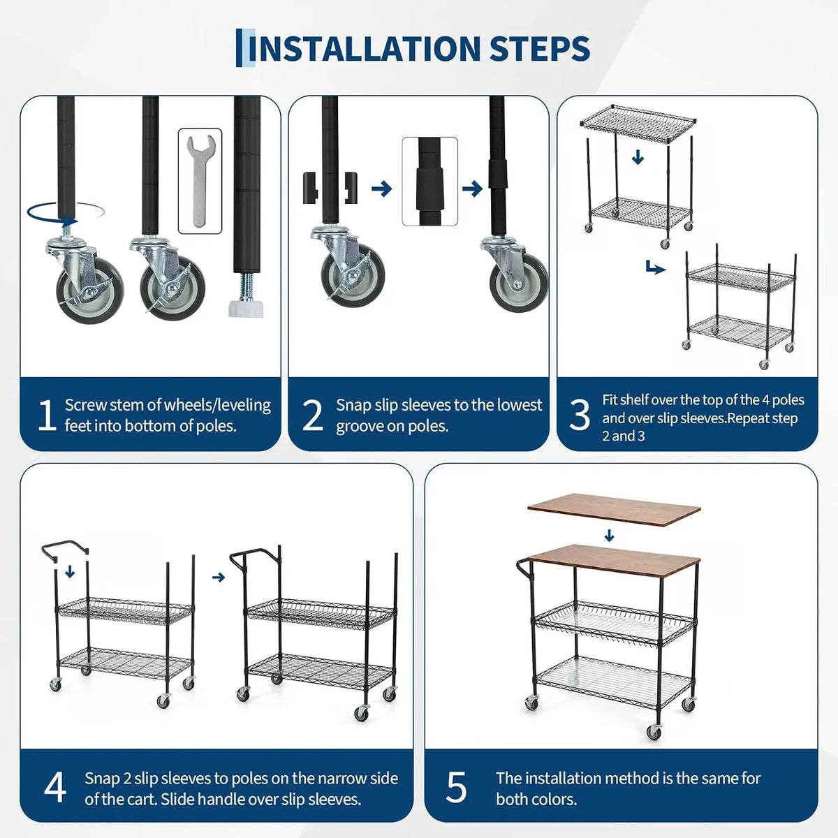 Tacleekii 3-Tier Rolling Utility Cart with Wood Top Metal Mesh Shelves 10 Hooks