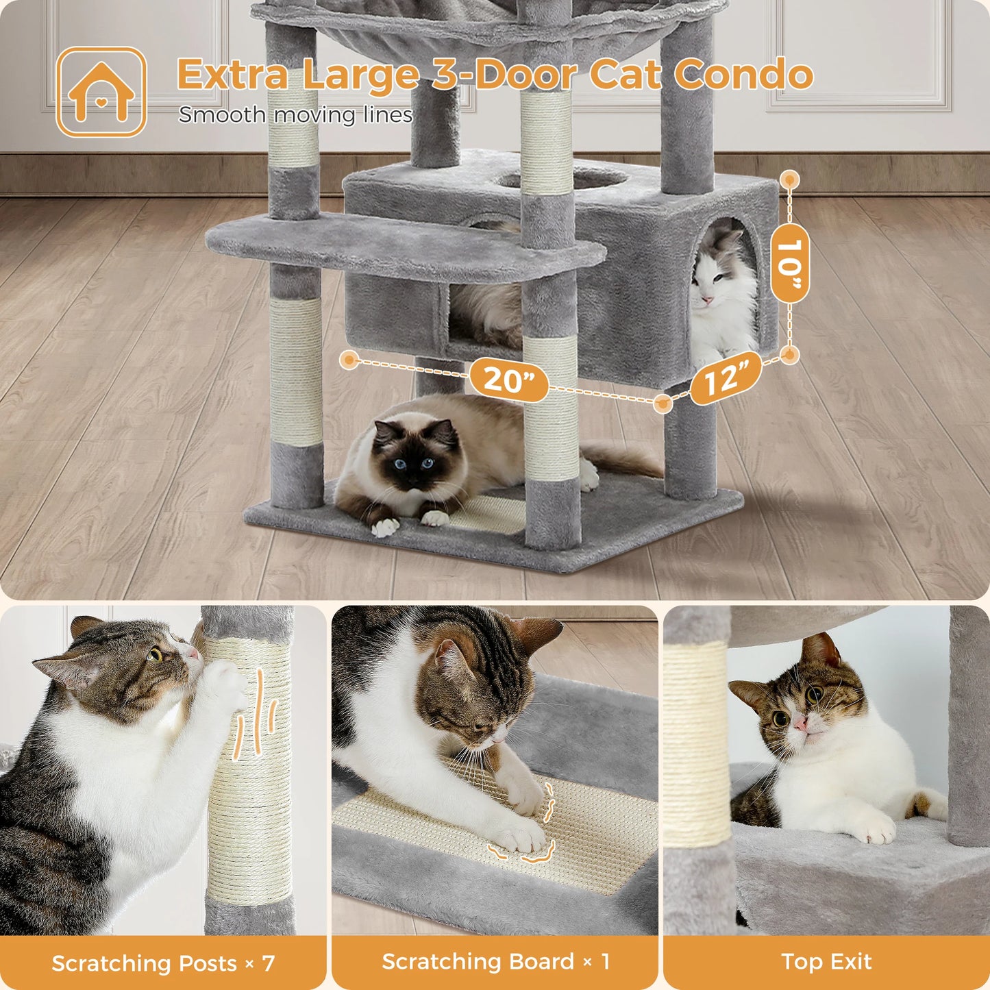 Multi-Level Cat Tower with Scratching Posts, Hammock and Cat Condo