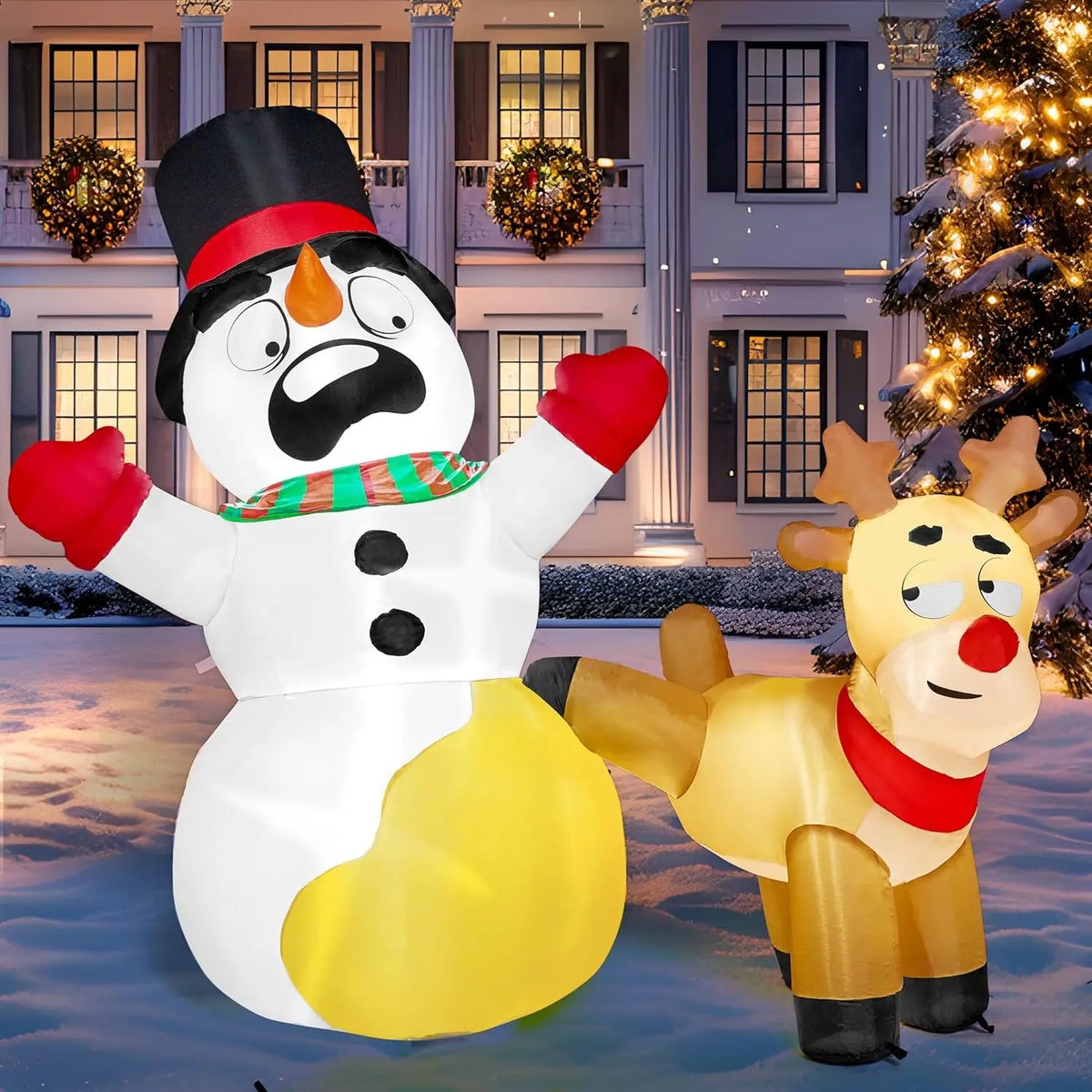 6.6 FT Long Christmas Inflatable Decoration Reindeer Peeing on Snowman with Build-in LED