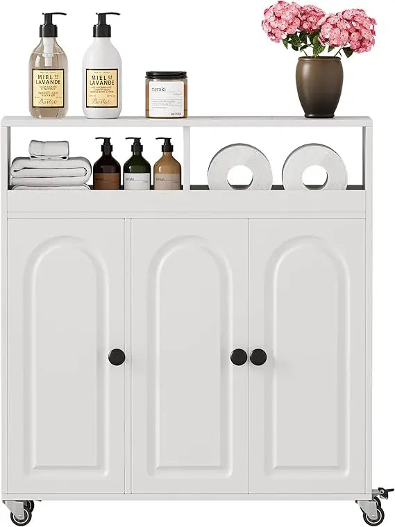 27.7 Inch Tall Rolling Bathroom Storage Cart with 3 Doors