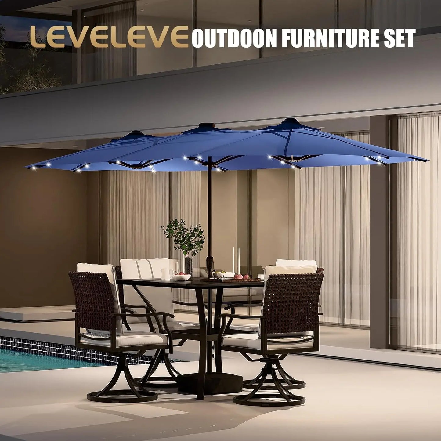 LEVELEVE 15 Foot Large Patio Patio Umbrella with Base & Solar LED Lights