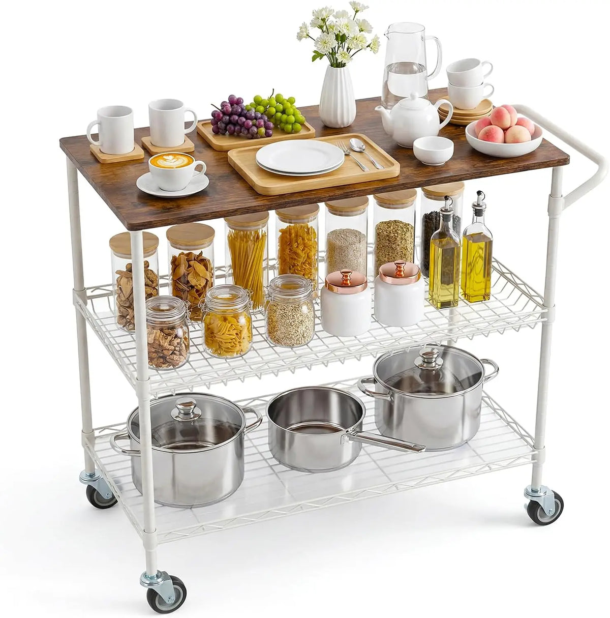 Tacleekii 3-Tier Rolling Utility Cart with Wood Top Metal Mesh Shelves 10 Hooks