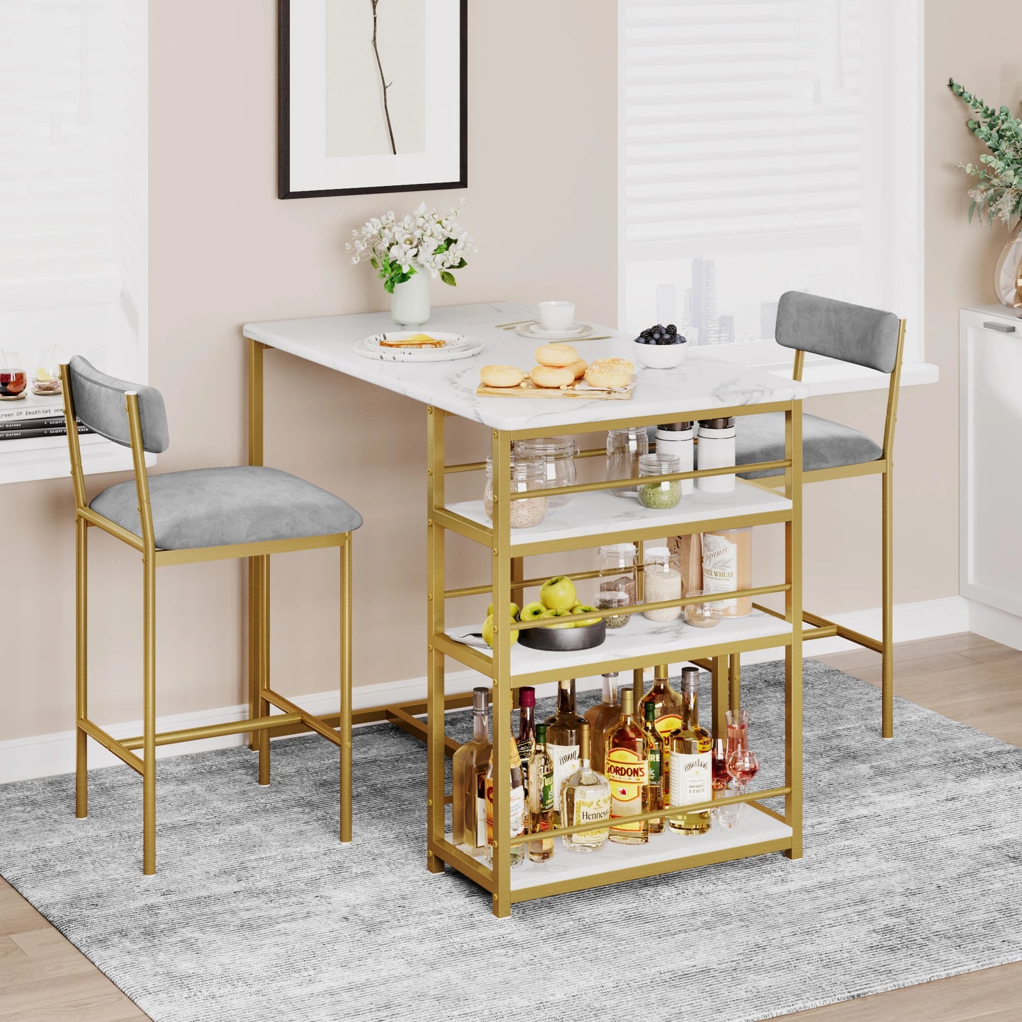 3 Pieces Counter Height Dining Table Set for Small Spaces Gold