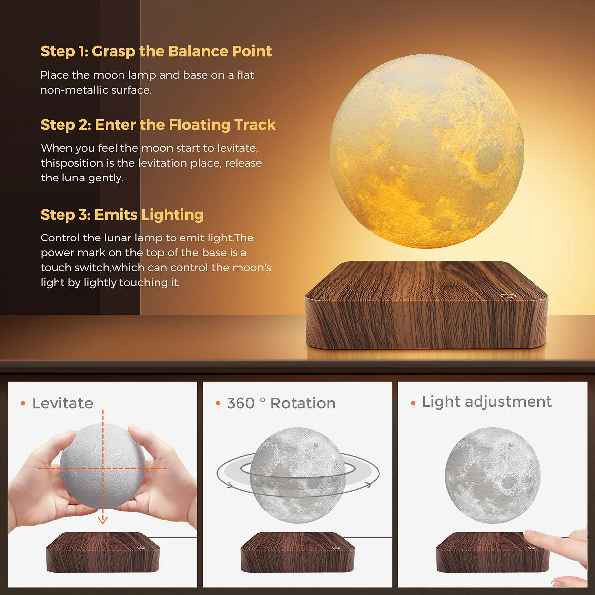 LED Magnetic Floating Moon Lamp with Wooden Base