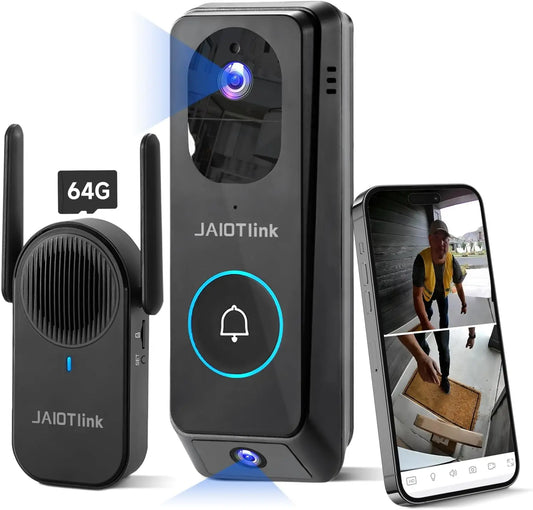2K Dual Lens Wireless Doorbell Camera with Chime, 64GB SD Card, Voice Changer, WiFi, Package Protection
