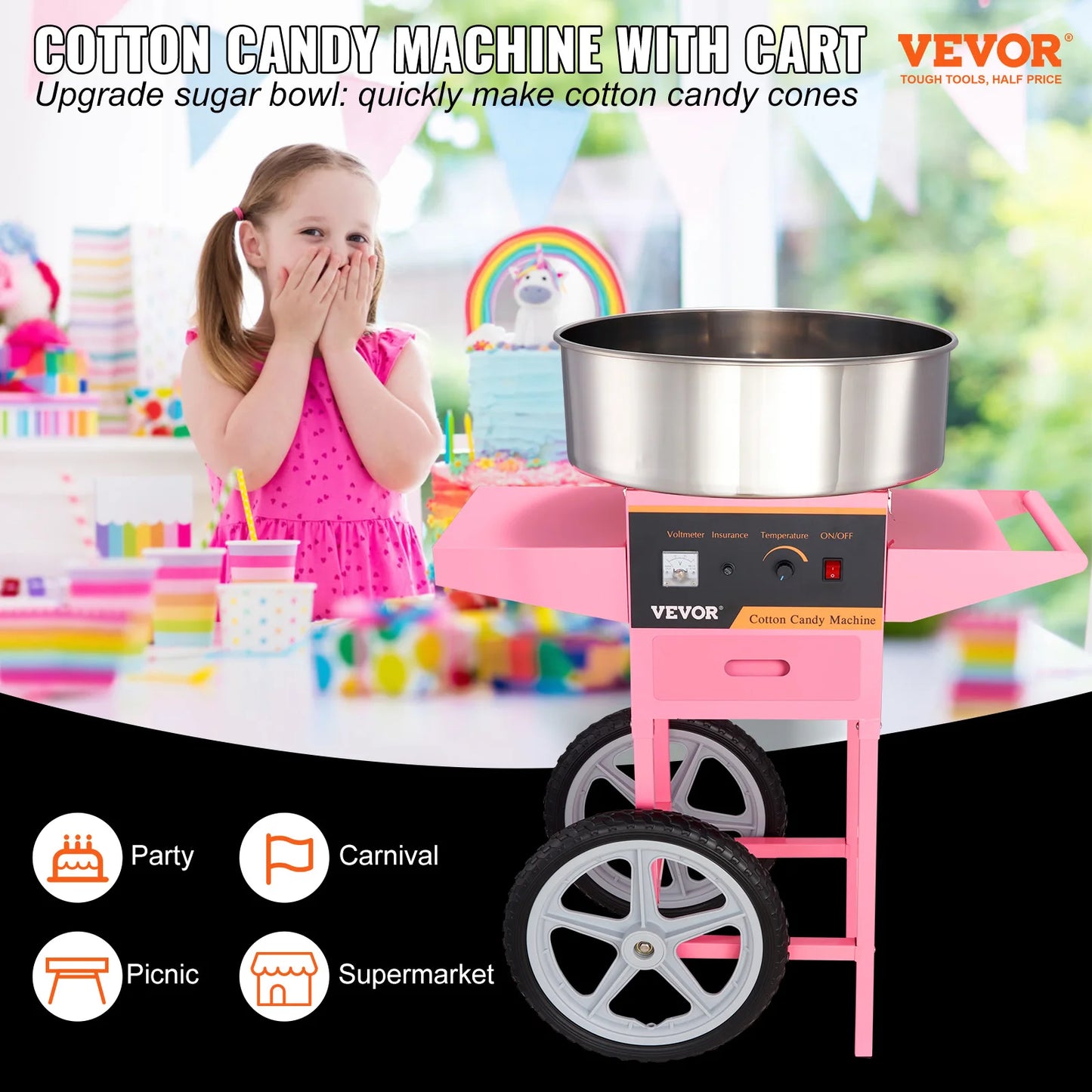 SucceBuy Electric Cotton Candy Machine with Cart and Stainless Steel Bowl