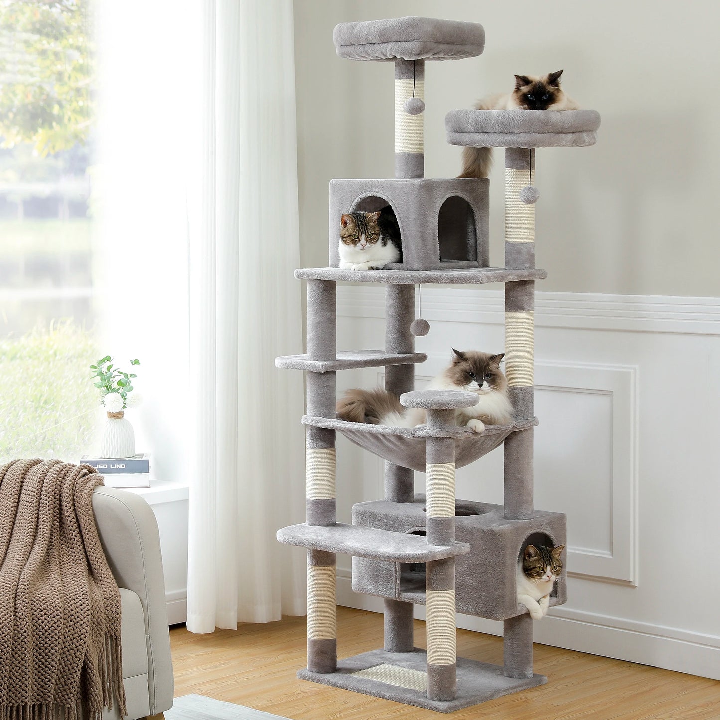 Multi-Level Cat Tower with Scratching Posts, Hammock and Cat Condo