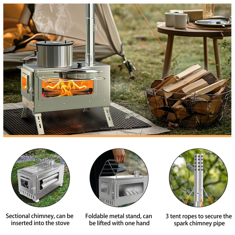 Portable Wood Burning Stainless Steel Stove with 7 Chimney Pipes