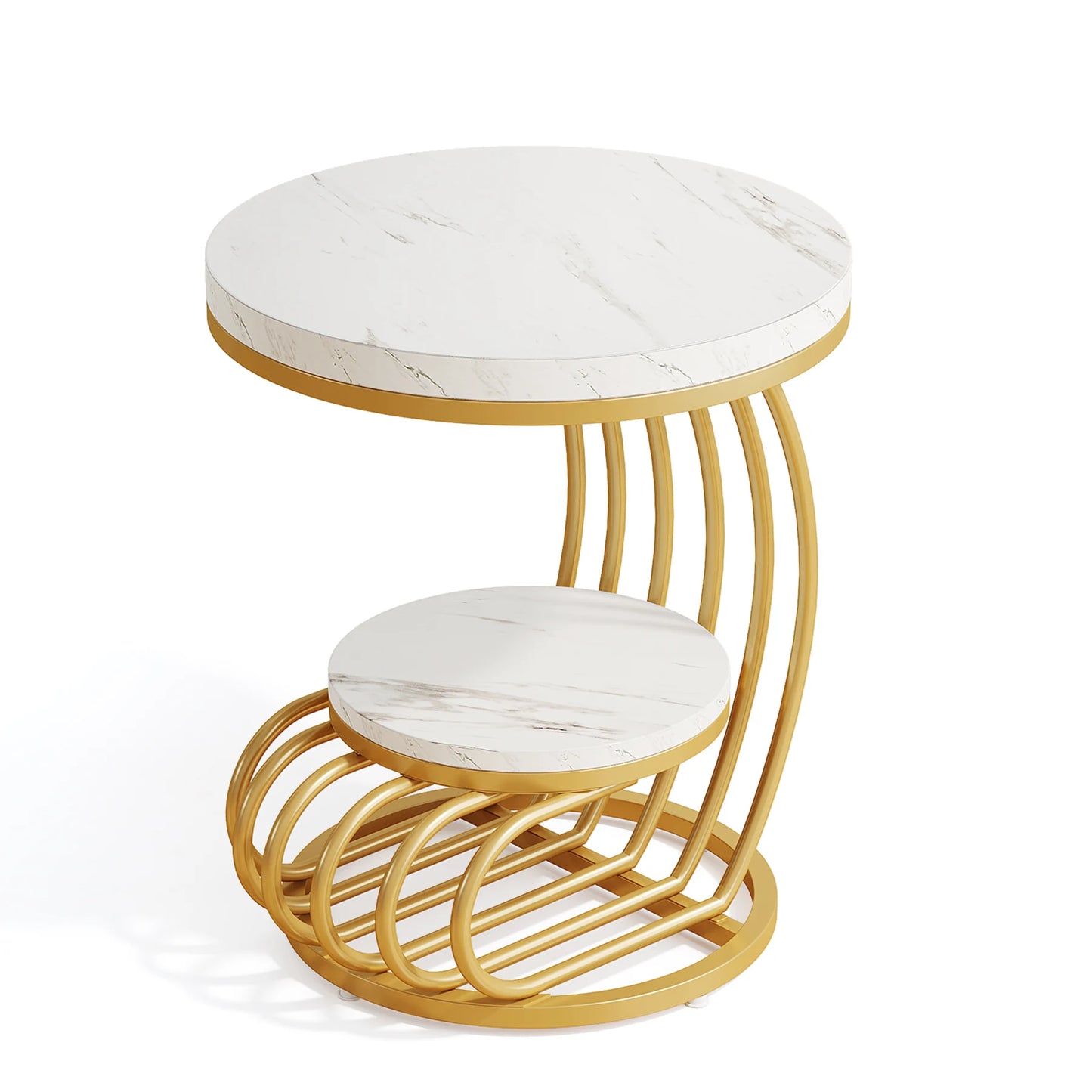 Tribesigns Gold Round End Table: 2 Tiers Faux Marble