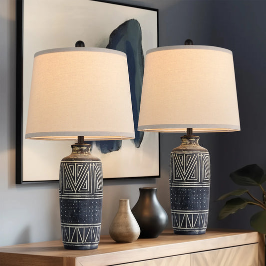 2 Pack 25-Inch Carved Ceramic Table Lamps With Linen Shades