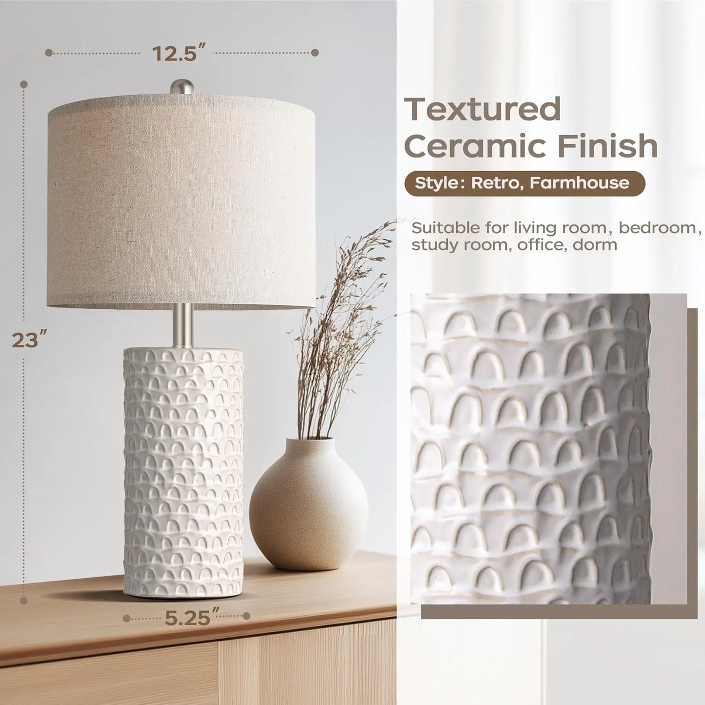 Modern Ceramic Table Lamp Set of 2 for Living Room and Bedroom Decor