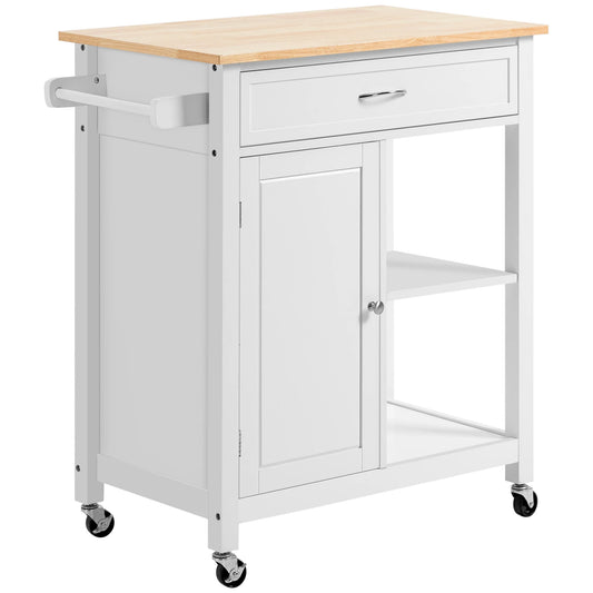 HOMCOM Rolling Kitchen Island Cart with Storage Shelf and Solid Wood Top