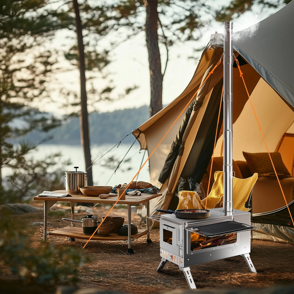 Portable Wood Burning Stainless Steel Stove with 7 Chimney Pipes