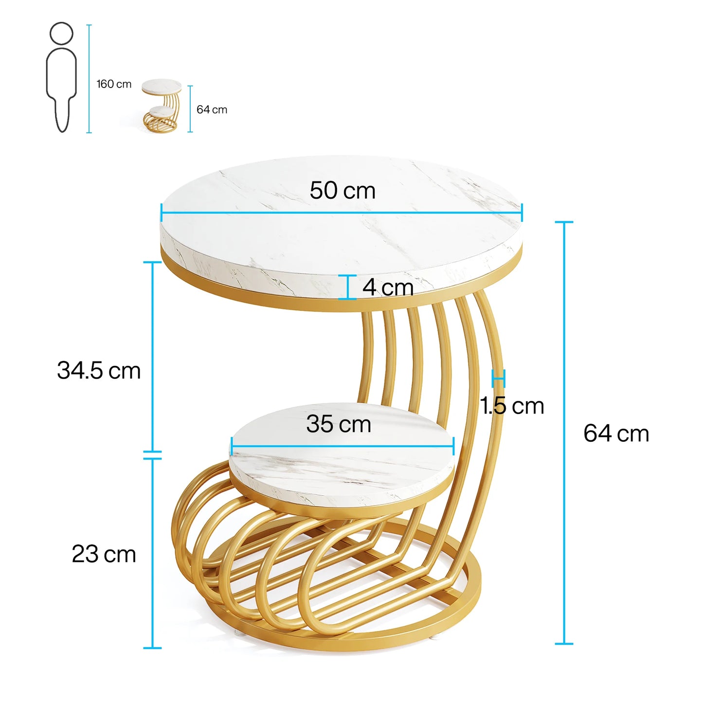 Tribesigns Gold Round End Table: 2 Tiers Faux Marble