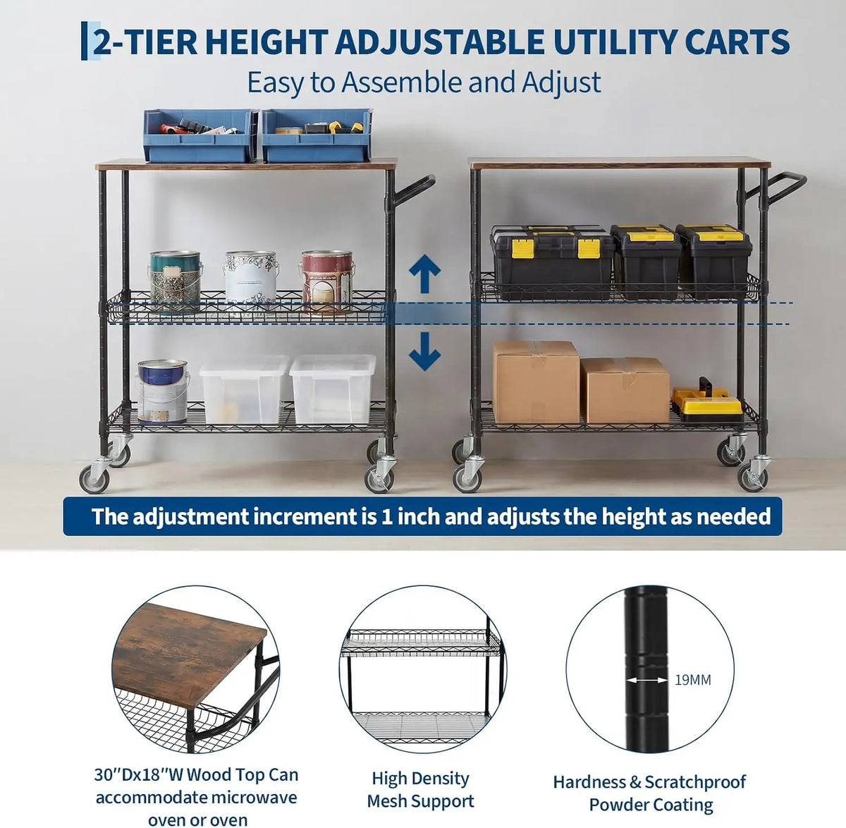 Tacleekii 3-Tier Rolling Utility Cart with Wood Top Metal Mesh Shelves 10 Hooks