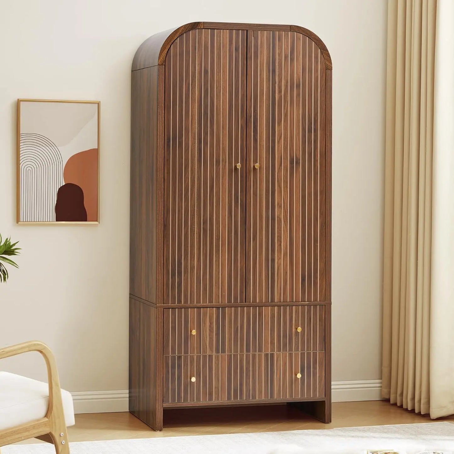 Mid-Century Modern 2-Door Freestanding Wardrobe with Hanging Rod and 2 Drawers