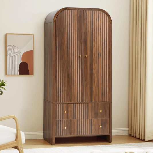 Mid-Century Modern 2-Door Freestanding Wardrobe with Hanging Rod and 2 Drawers