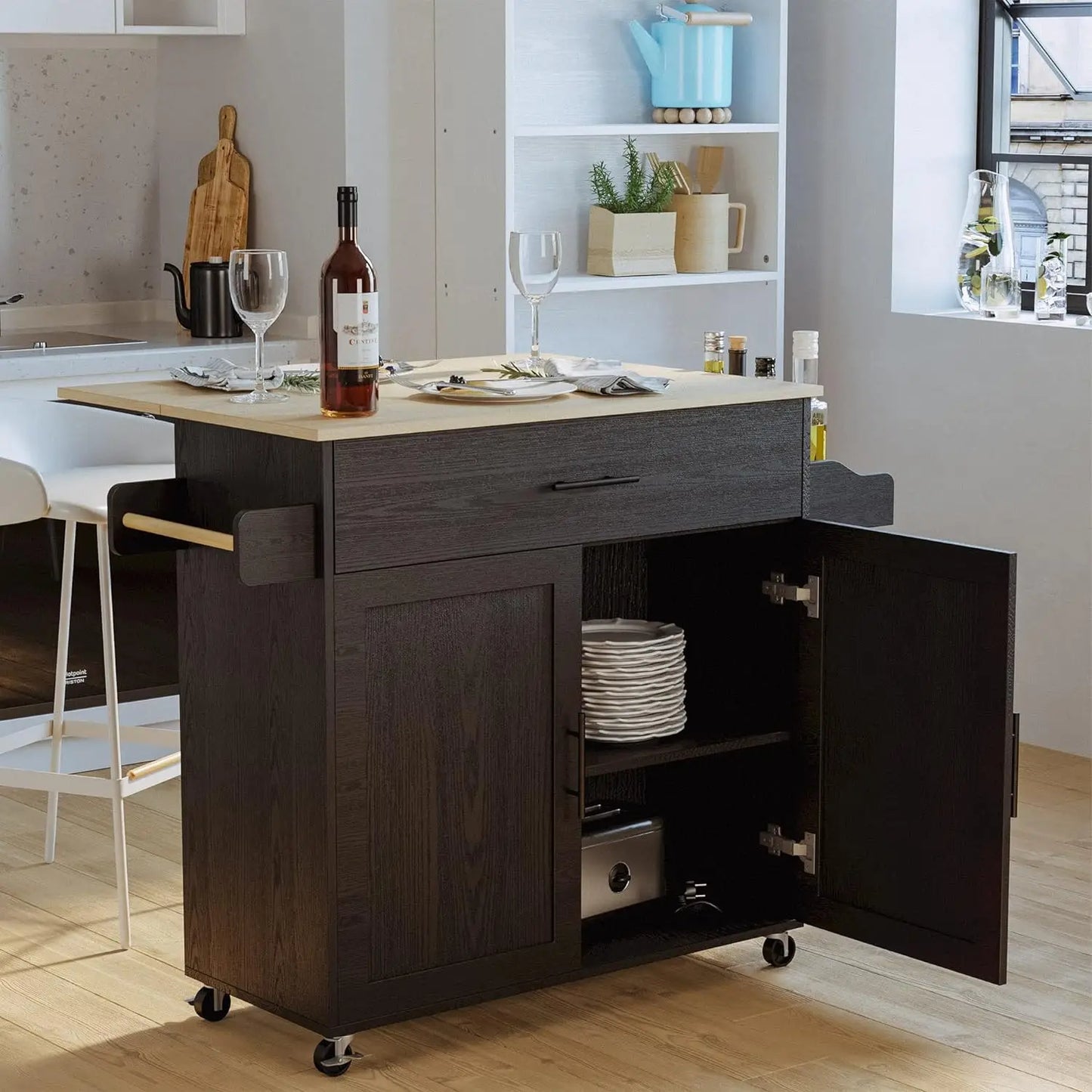 IRONCK Rolling Kitchen Island Table on Wheels with Drop Leaf and Storage Cabinet