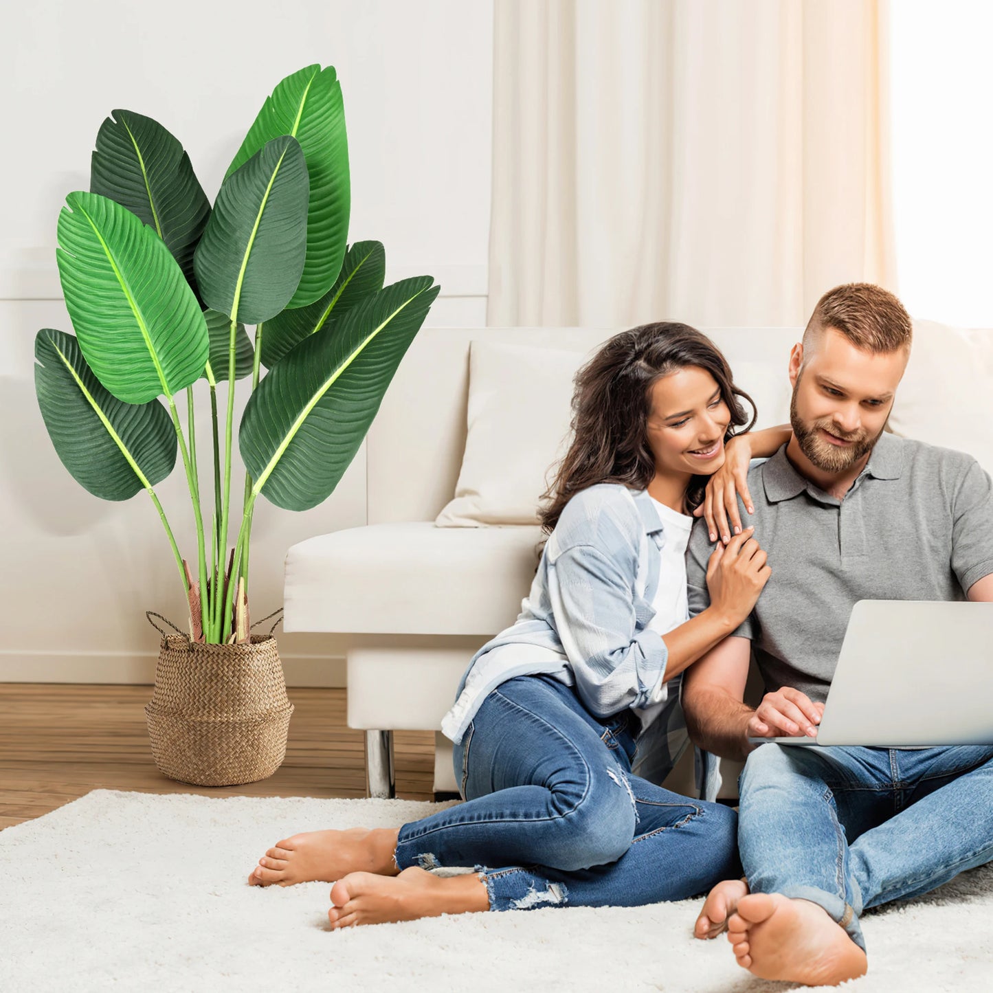 4Ft Aritificial Bird of Paradise Plant Fake Tropical Palm Tree with 8 Trunks Artificial Banana Leaf for Indoor Outdoor Decor