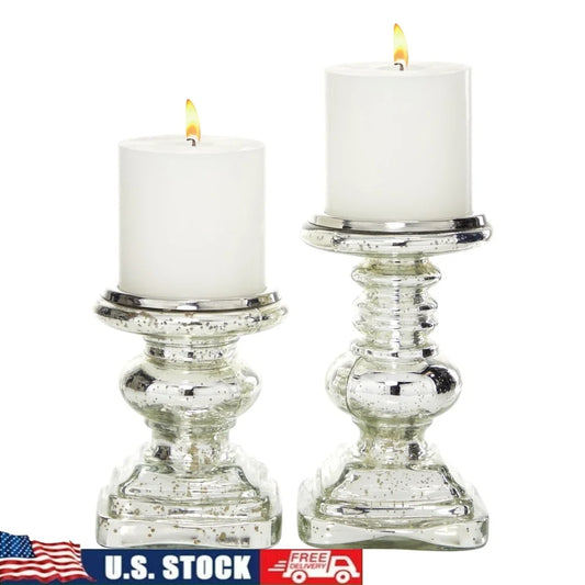 Silver Glass Handmade Pillar Candle Holder Set of 2