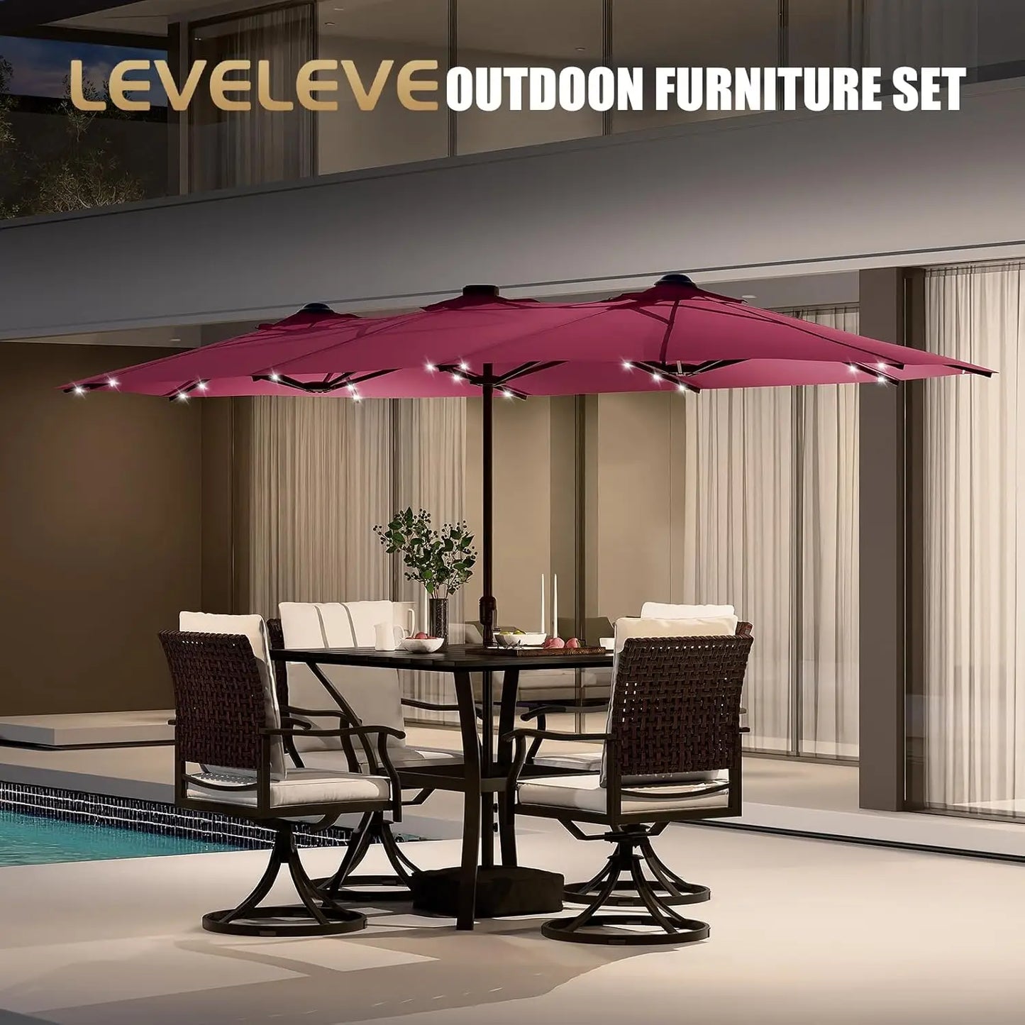 LEVELEVE 15 Foot Large Patio Patio Umbrella with Base & Solar LED Lights