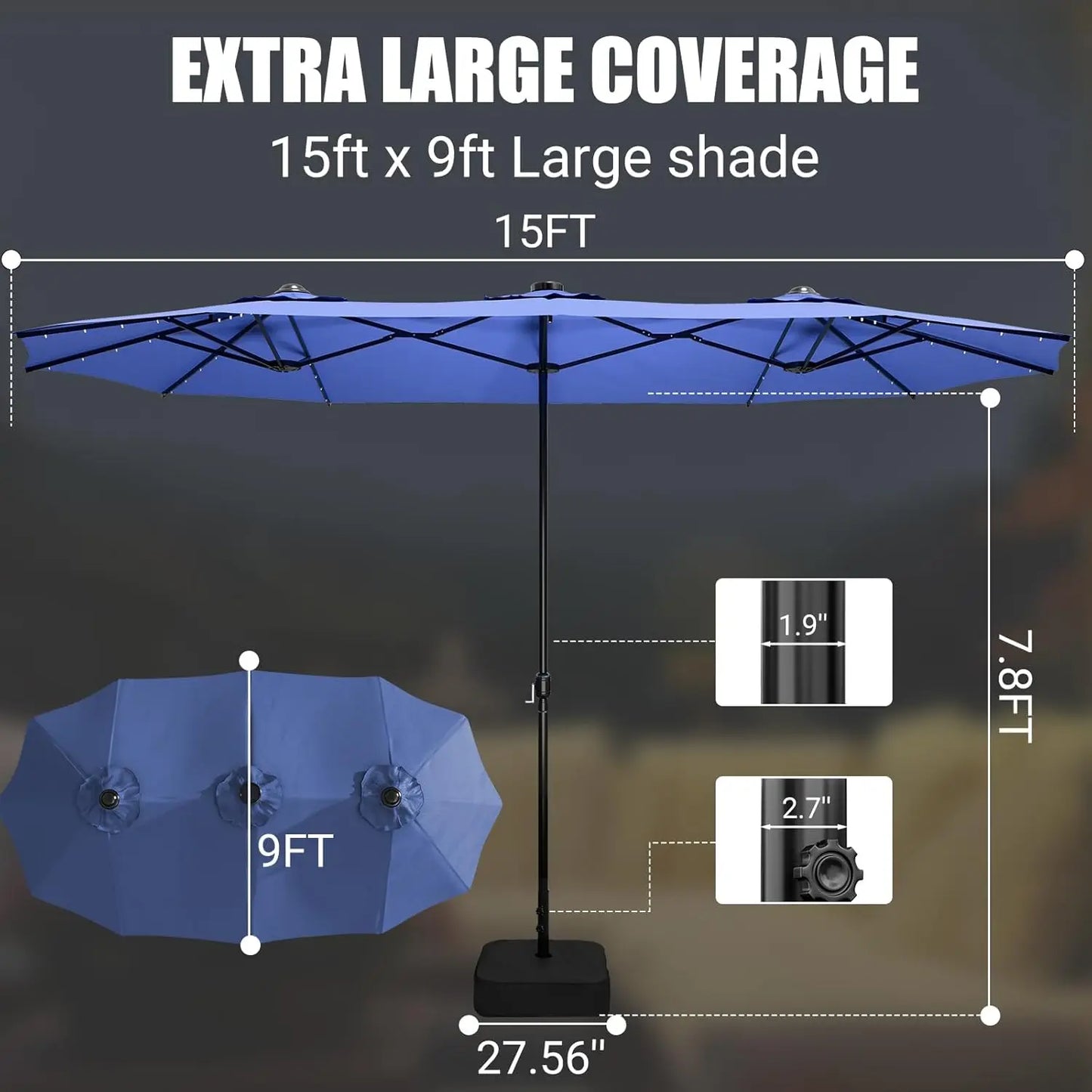 LEVELEVE 15 Foot Large Patio Patio Umbrella with Base & Solar LED Lights