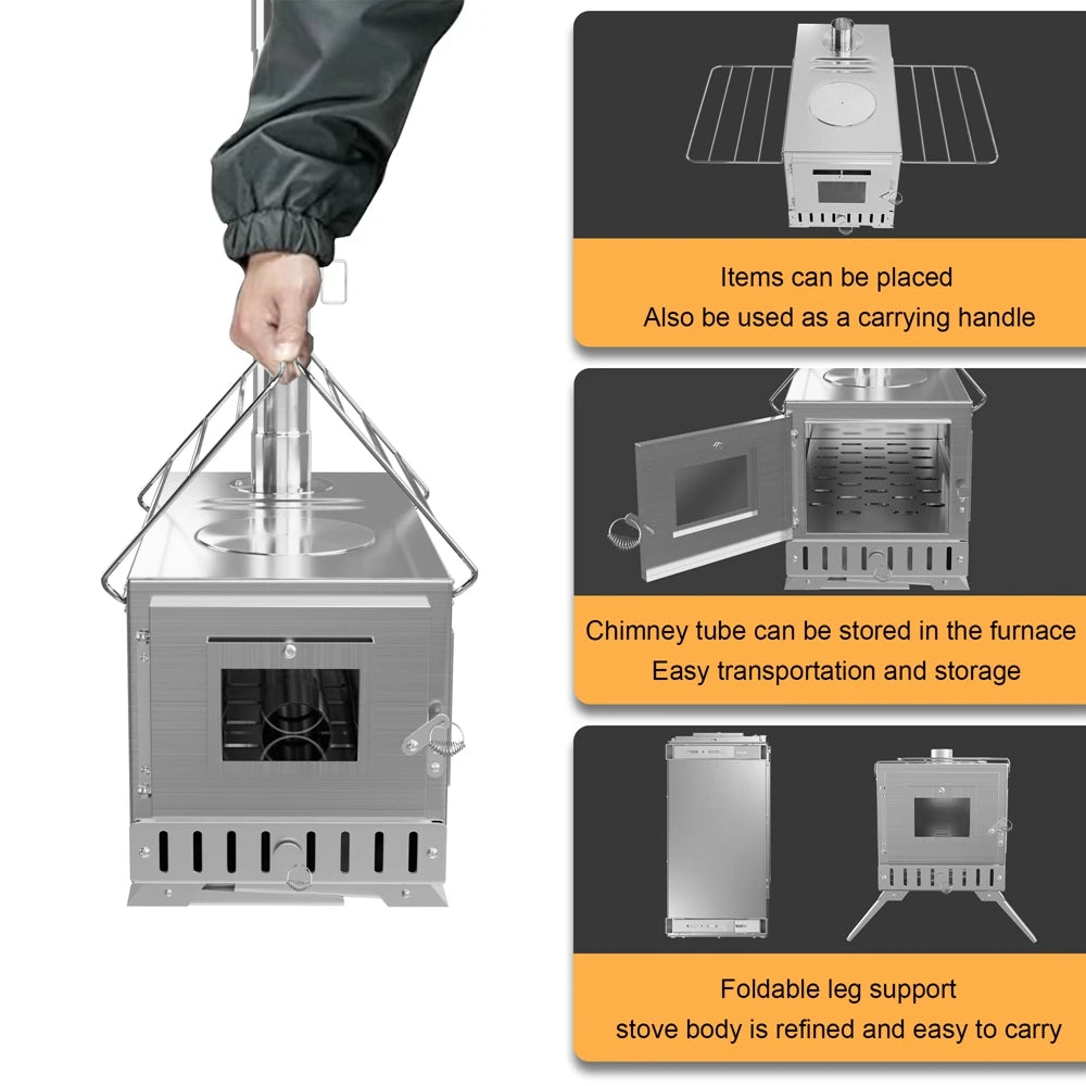 Portable Wood Burning Stainless Steel Stove with 7 Chimney Pipes