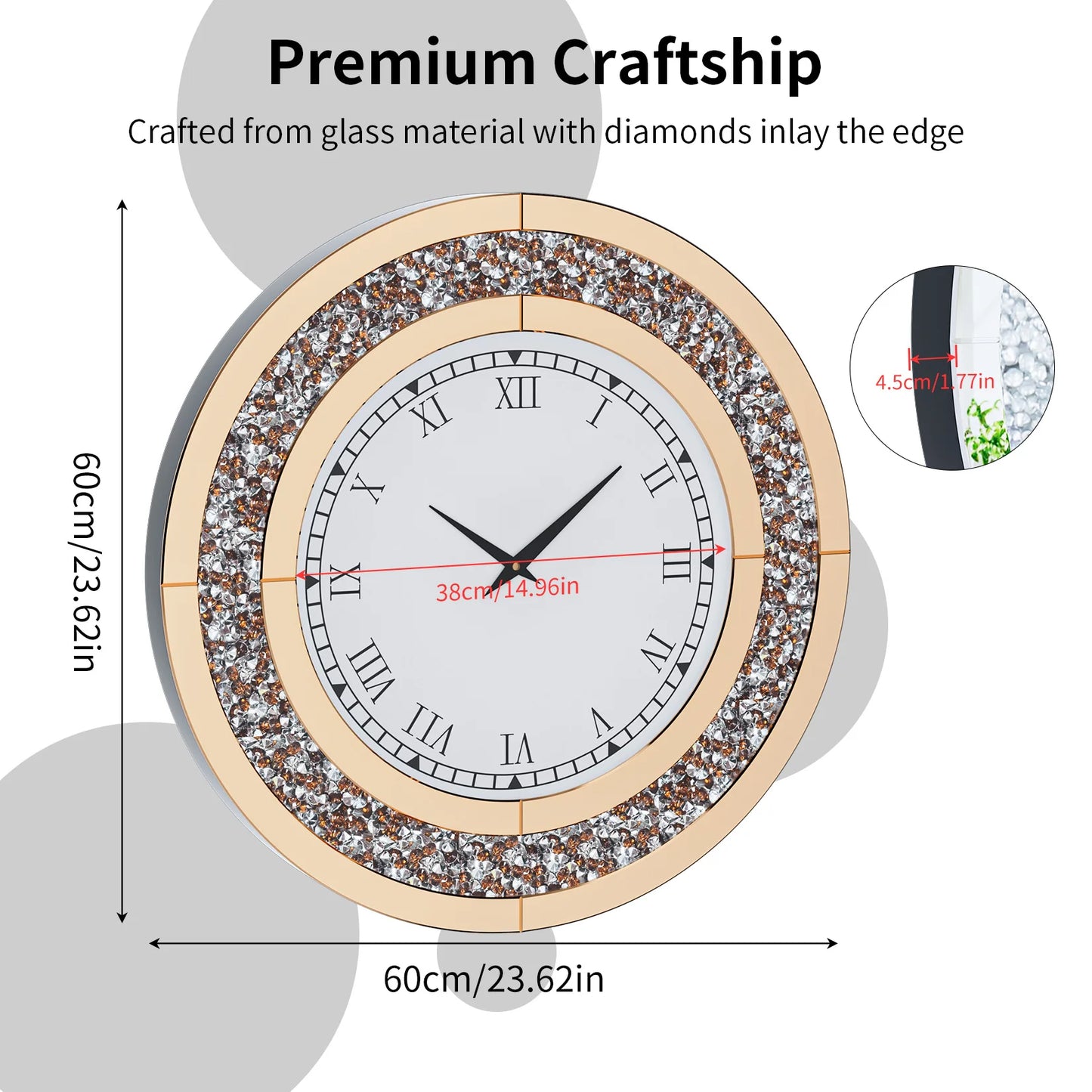 23.62 or 31.49 Inch Bling Silver Shining Mirrored Wall Clock