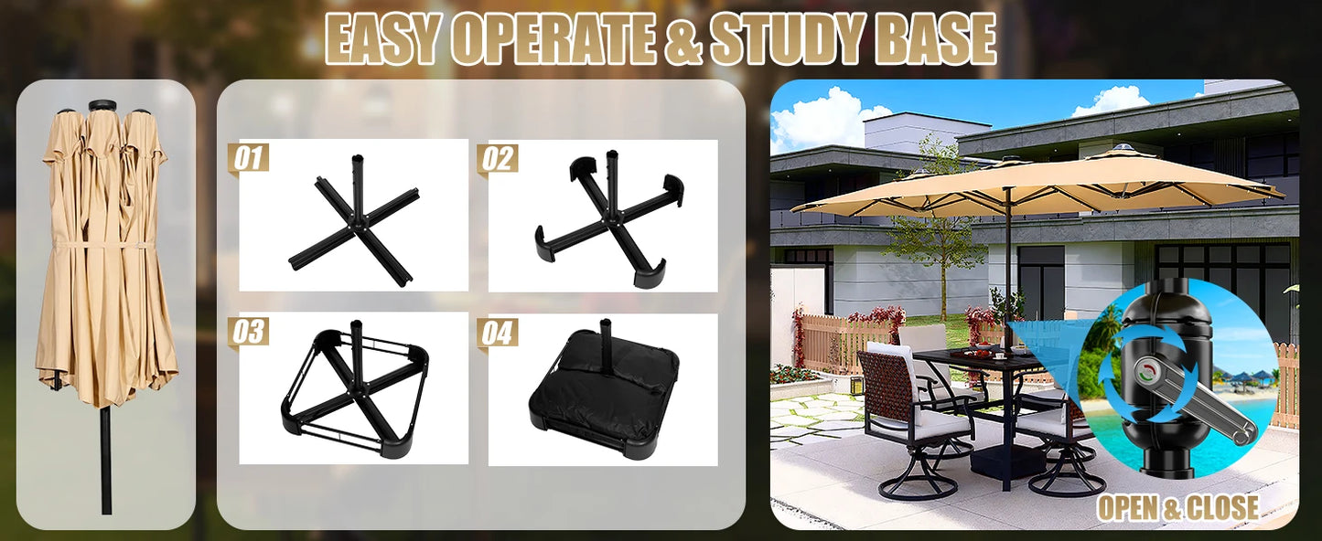 LEVELEVE 15 Foot Large Patio Patio Umbrella with Base & Solar LED Lights