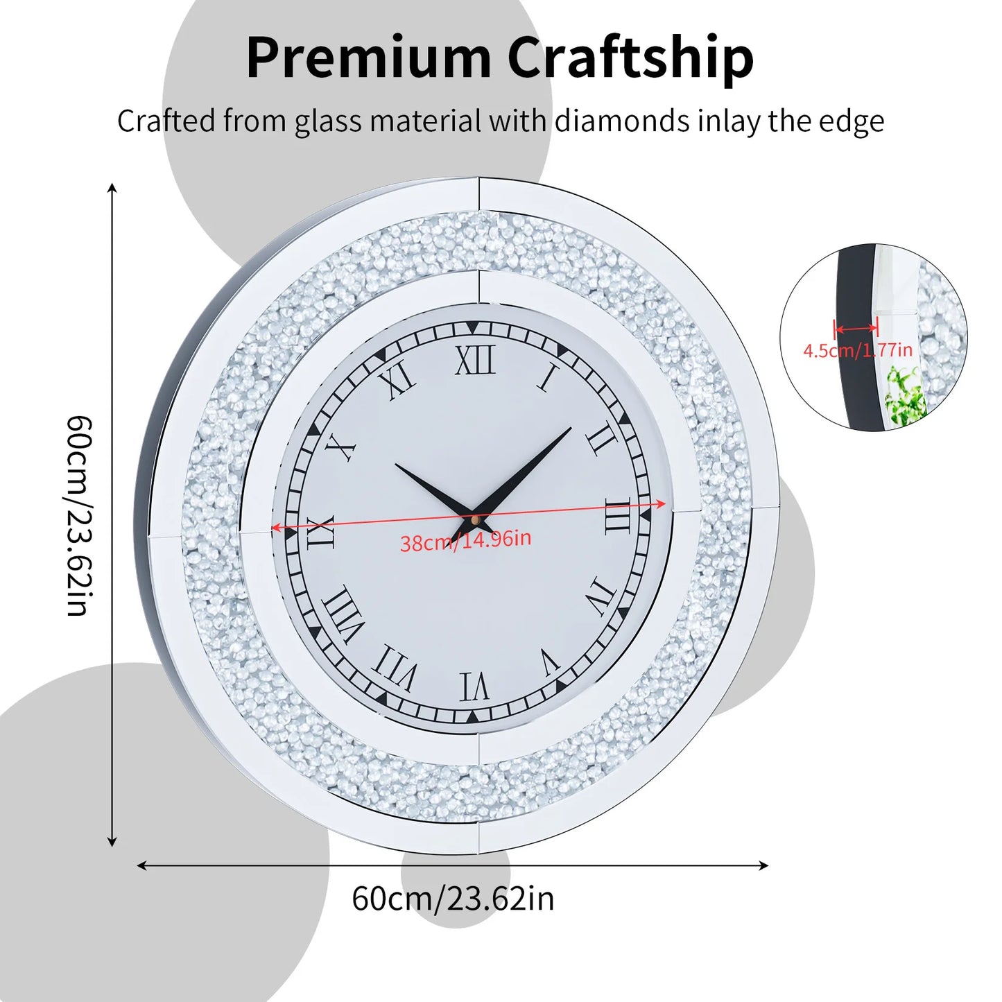 23.62 or 31.49 Inch Bling Silver Shining Mirrored Wall Clock