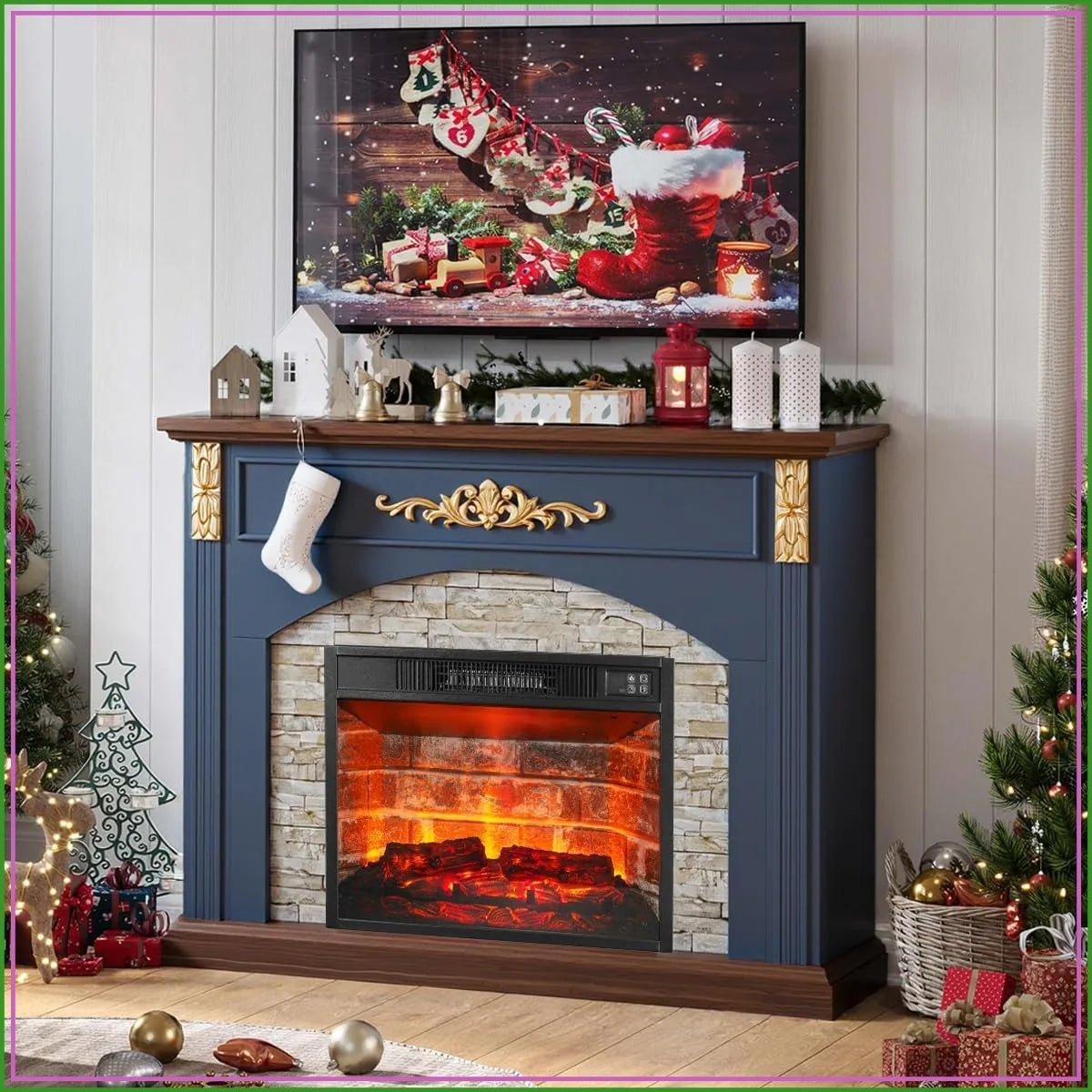 44in Electric Fireplace with Mantel, Stacked Stone