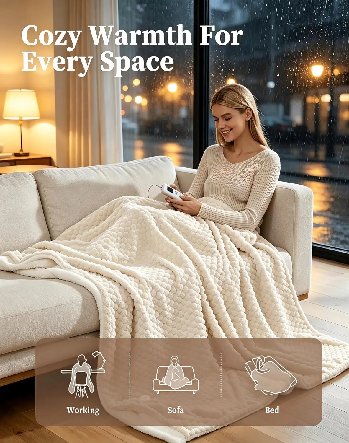 Garvee Flannel Sherpa Beige Electric Blanket with 10 settings
