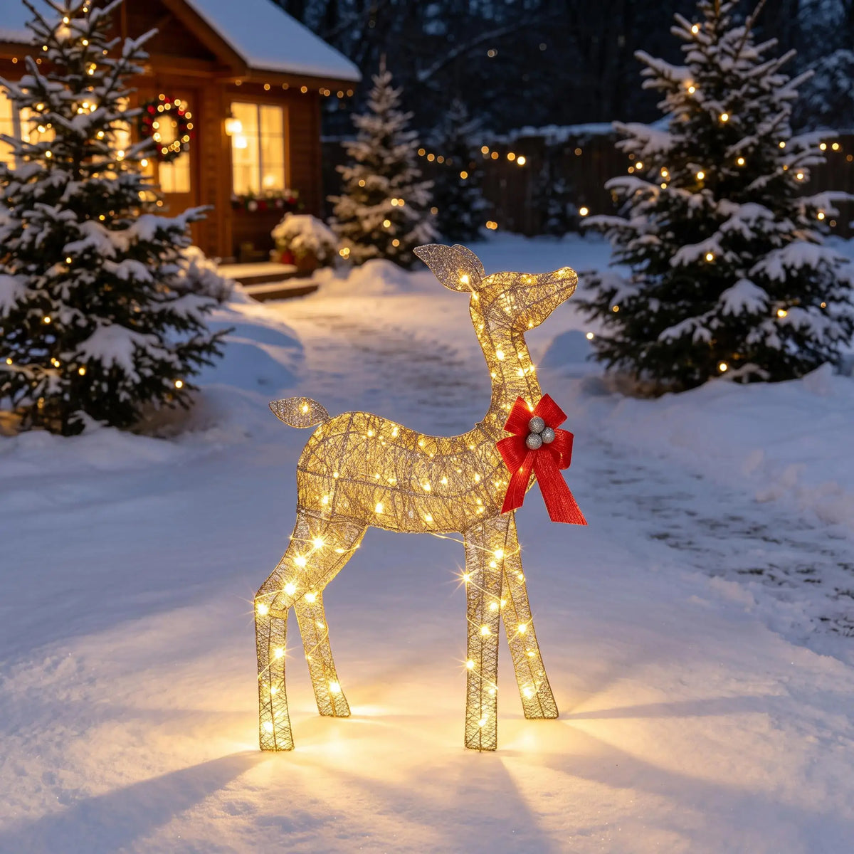 3FT Lighted Christmas Reindeer with Warm White LED Lights & Red Bow for Lawn