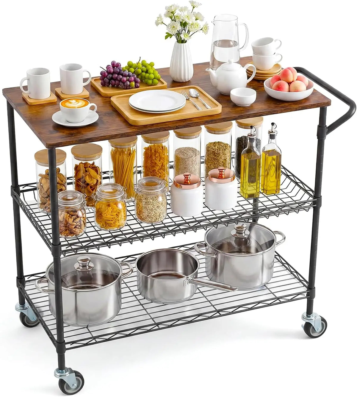 Tacleekii 3-Tier Rolling Utility Cart with Wood Top Metal Mesh Shelves 10 Hooks