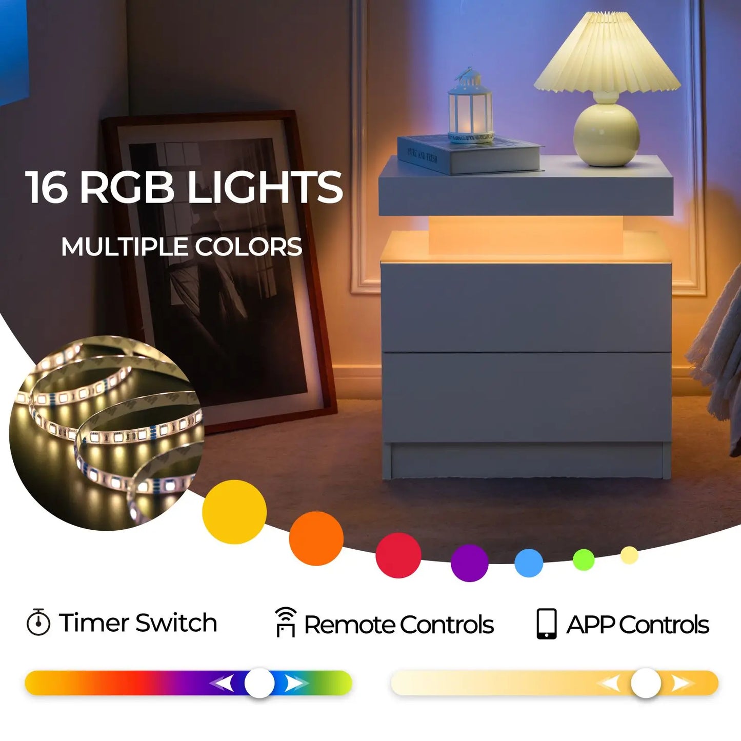 Set of 2 Cubehom LED Nightstands with 2 Drawers