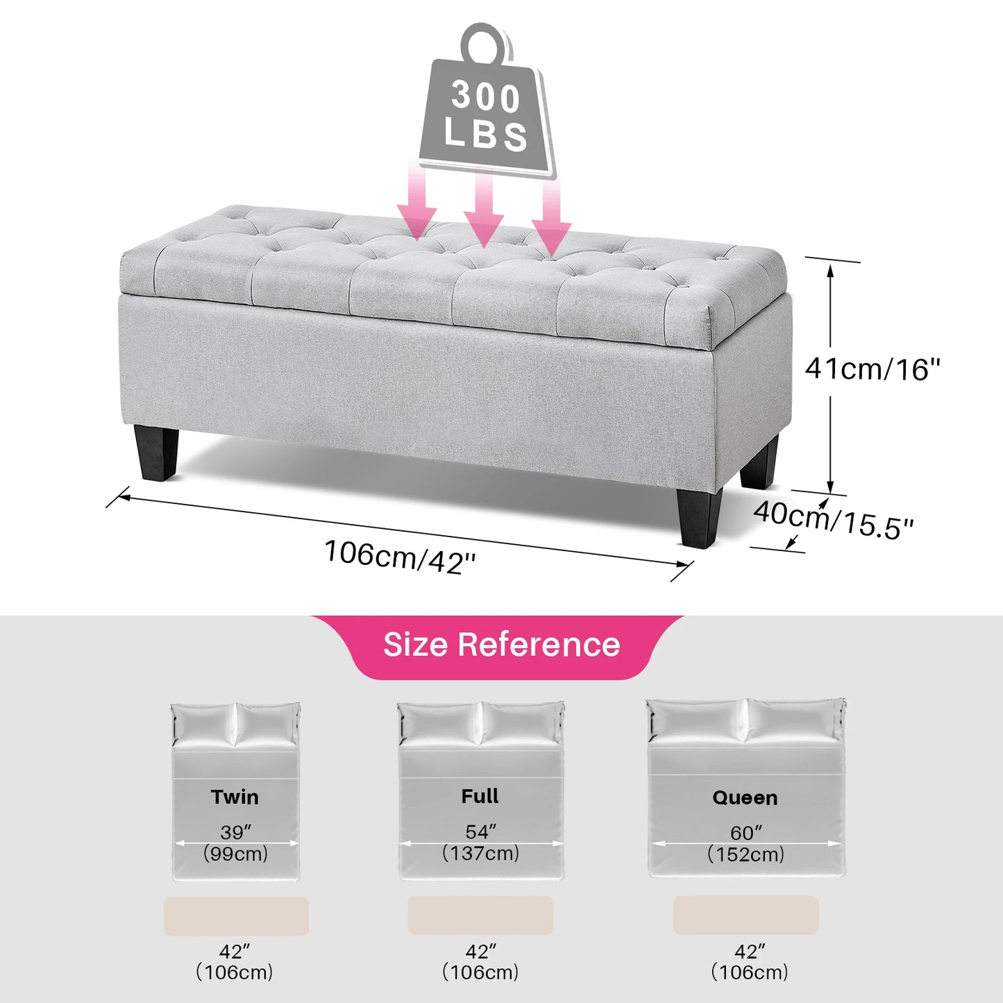 Redlife 15.5 x 42 x 16 inch Storage Ottoman