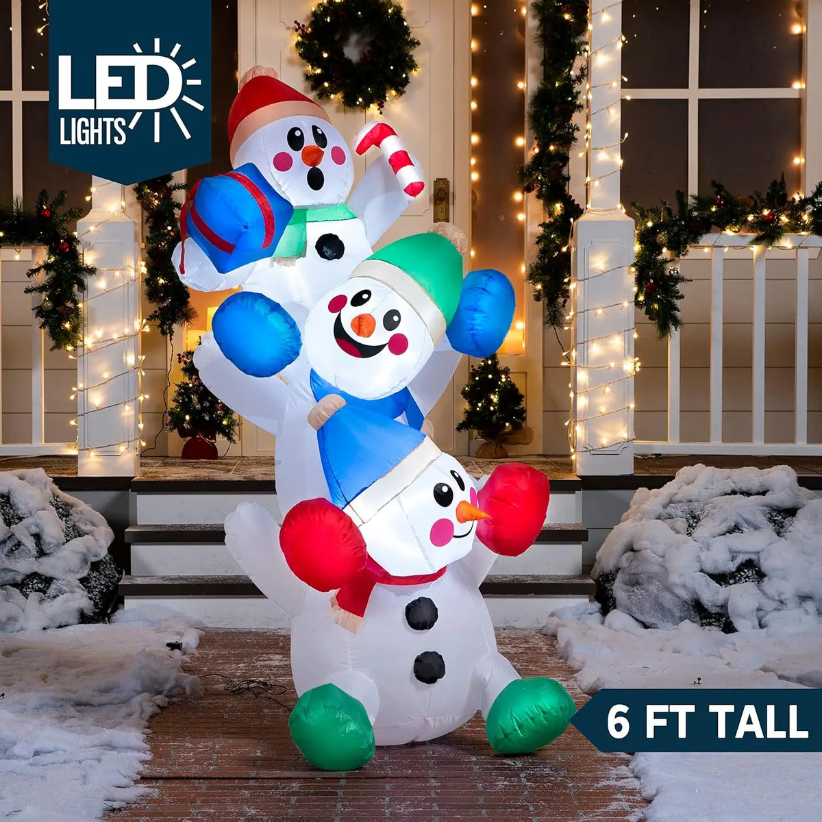 6 FT Christmas Inflatable Decoration Stacked Snowman with Build-in LEDs