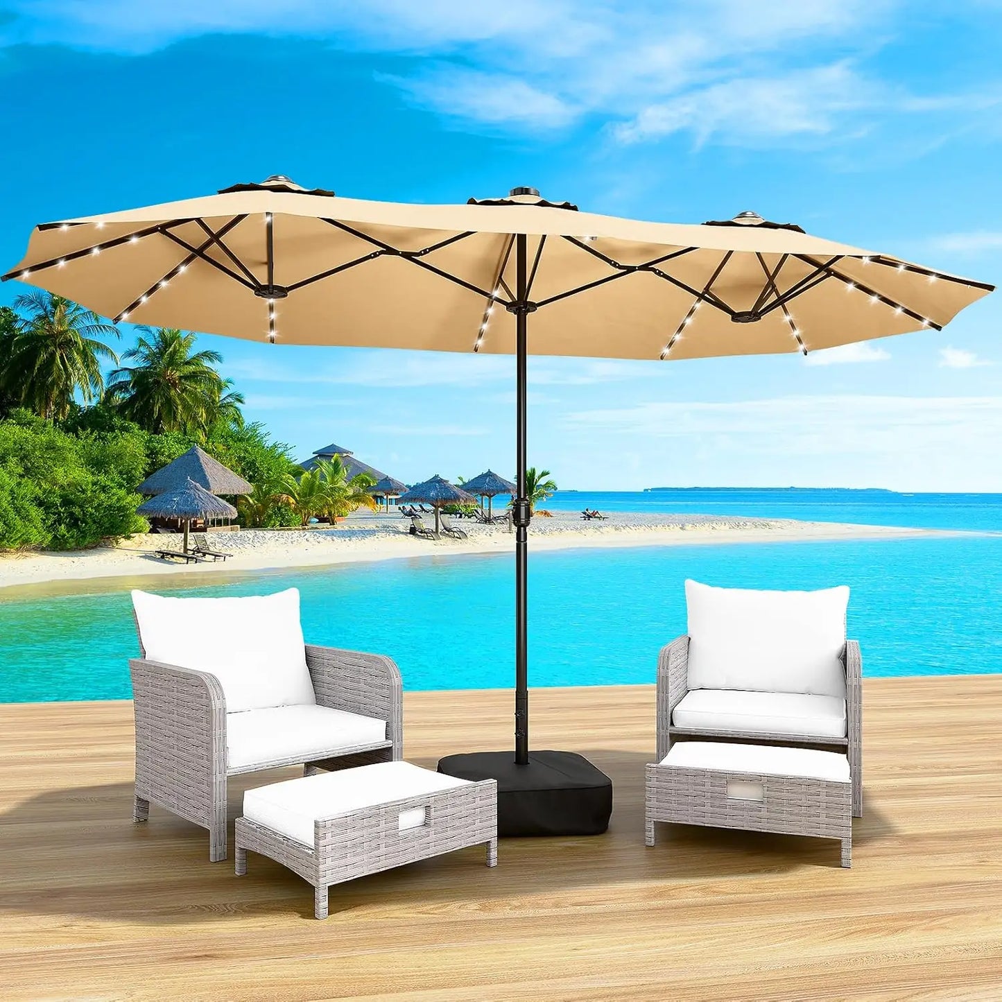 LEVELEVE 15 Foot Large Patio Patio Umbrella with Base & Solar LED Lights