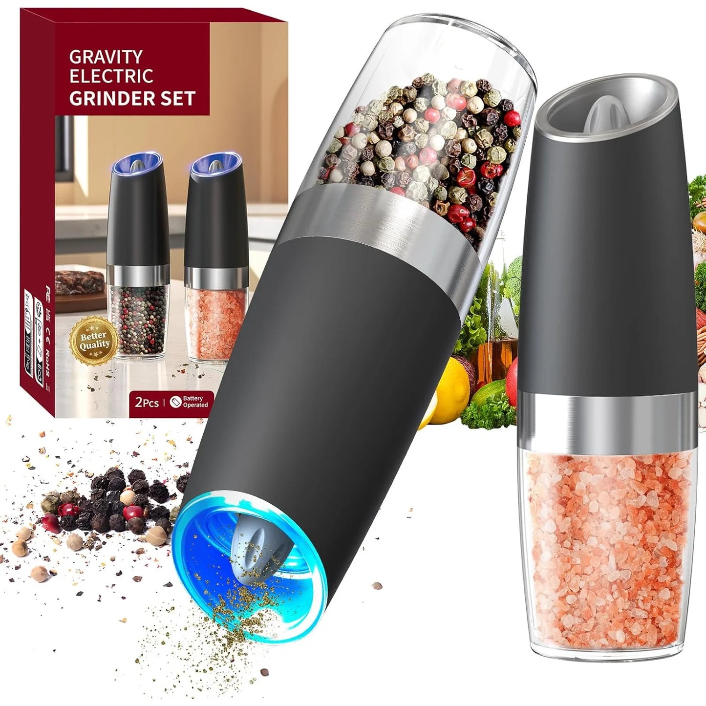 2-piece Battery Powered Grinder for Salt and Pepper