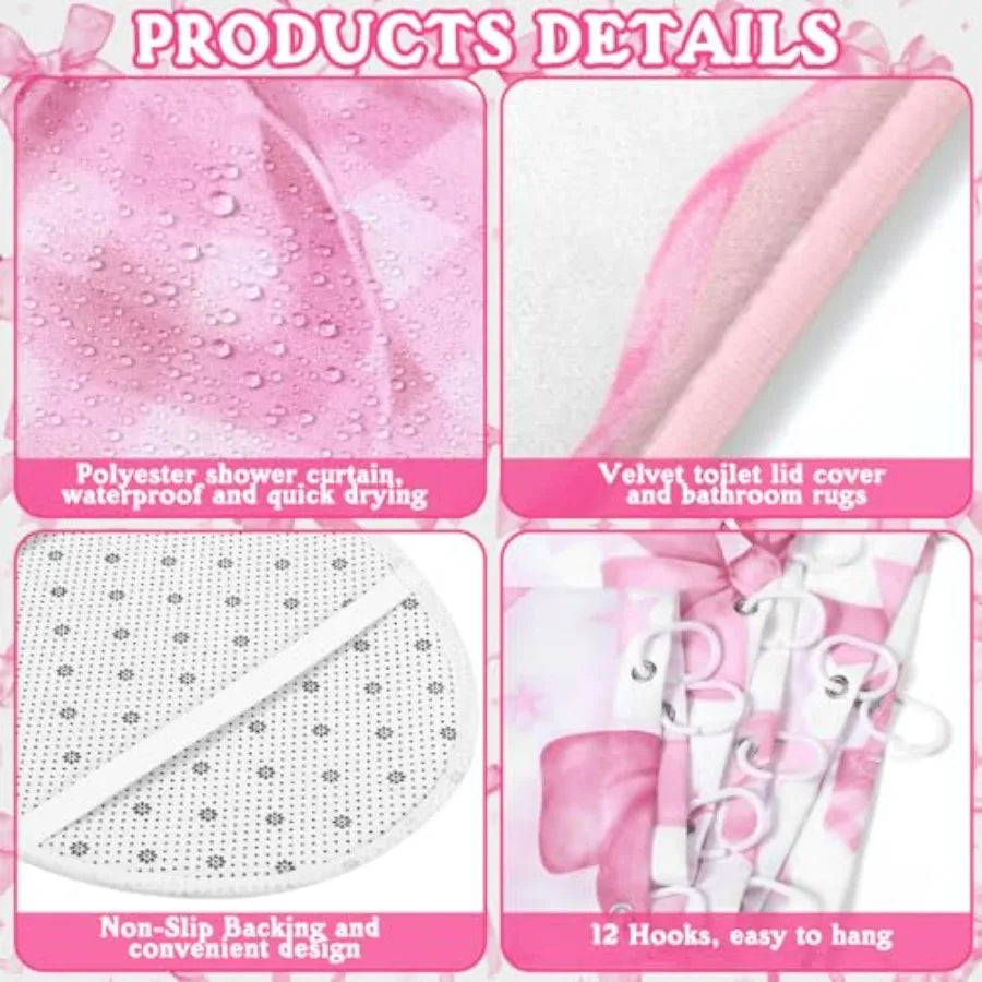 8 Pcs Pink Bow Shower Curtain Set for Girls Bathroom
