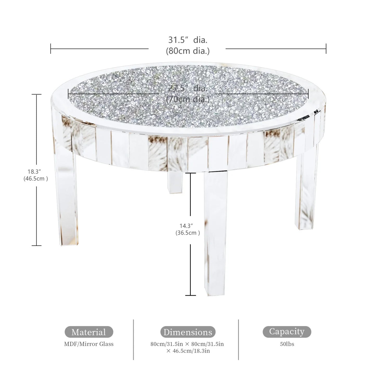 31.5 Inch Round Mirrored Coffee Table