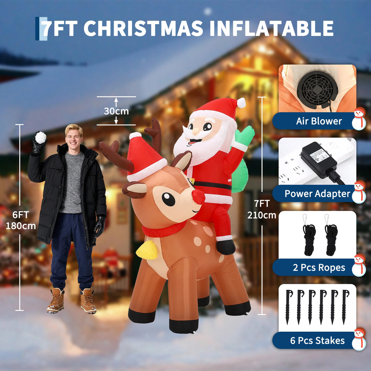 7FT Giant Santa Claus Riding Reindeer with Built-in Bright LED Lights Self Inflating