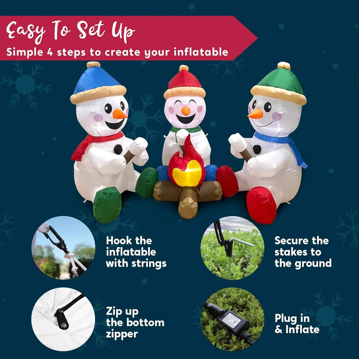 6 FT Long Christmas Inflatable Snowmen with Campfire with Built-in LEDs