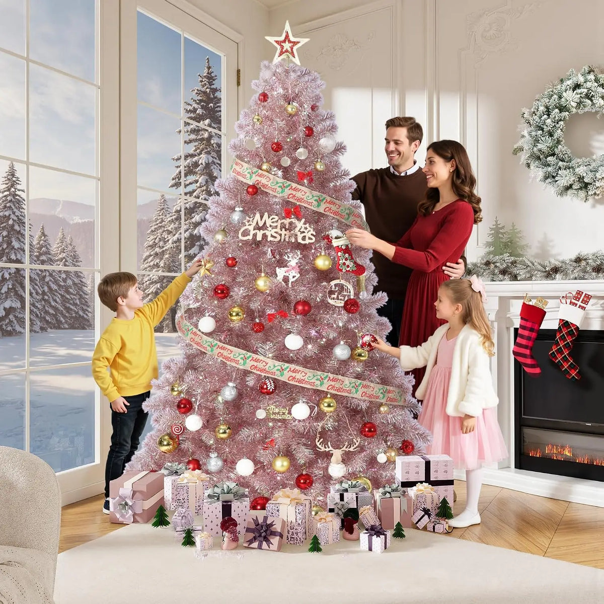 6ft or 7ft Pre-Lit Rose Gold Christmas Tree – Artificial Slim Pencil Tree with Realistic Branch Tips