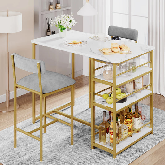 3 Pieces Counter Height Dining Table Set for Small Spaces Gold