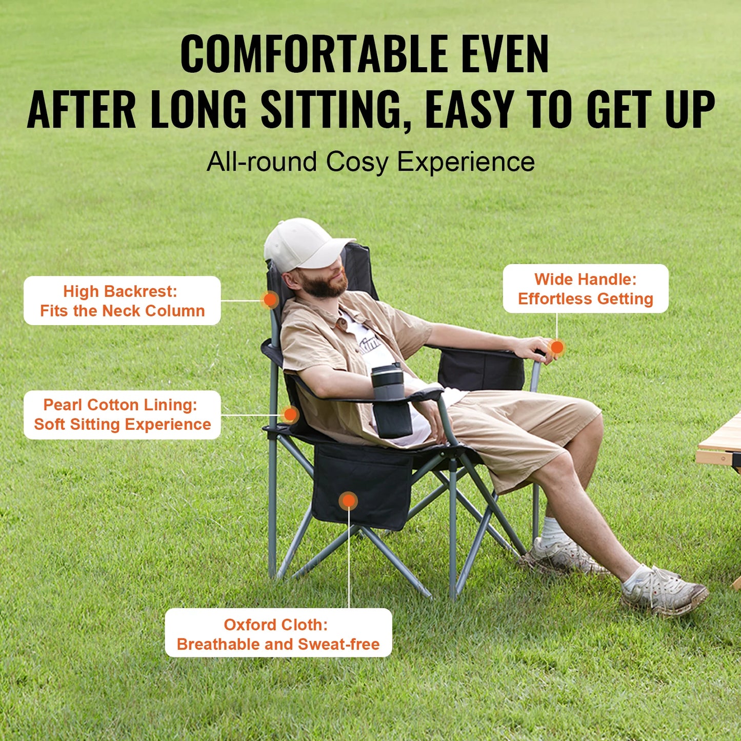 SucceBuy Camping Folding Chair for Adults With Quad Lumbar Back and Side Pockets for Beach, Lawn, Picnic