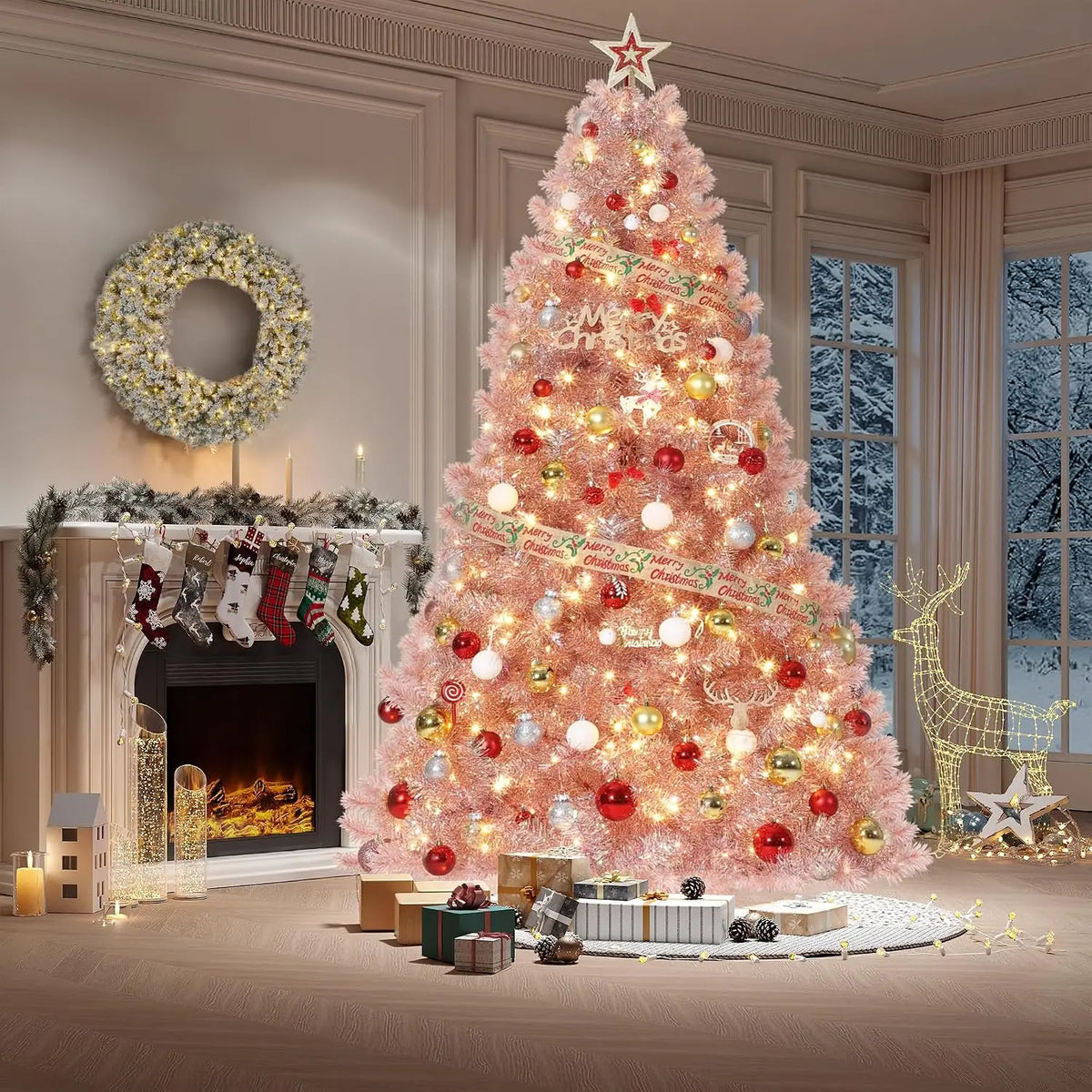 6ft or 7ft Pre-Lit Rose Gold Christmas Tree – Artificial Slim Pencil Tree with Realistic Branch Tips