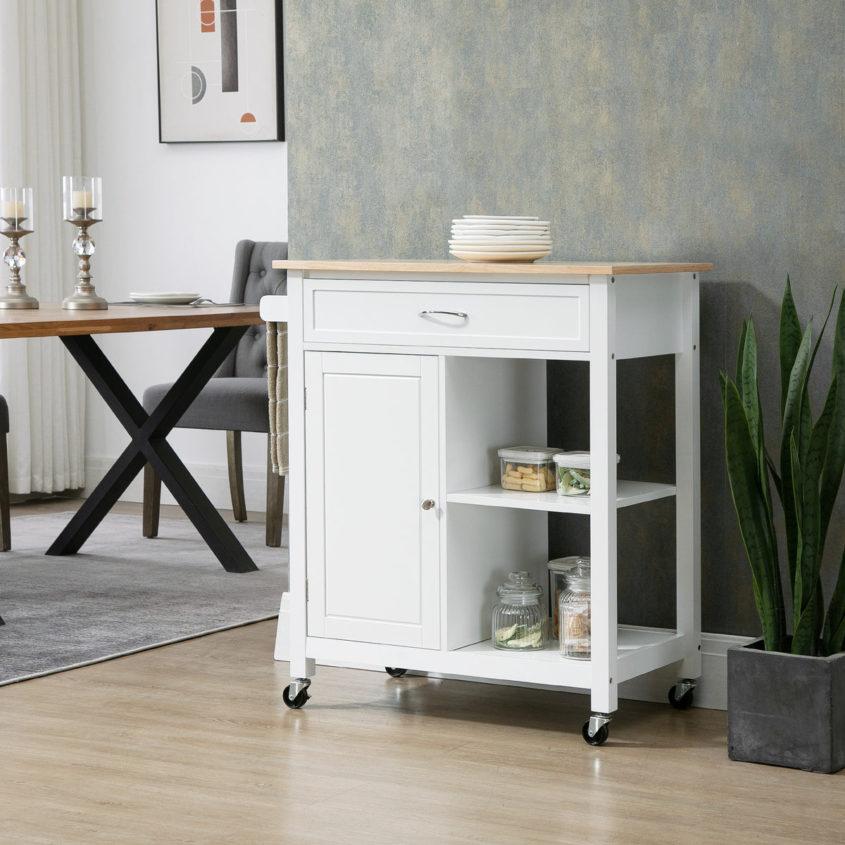 HOMCOM Rolling Kitchen Island Cart with Storage Shelf and Solid Wood Top