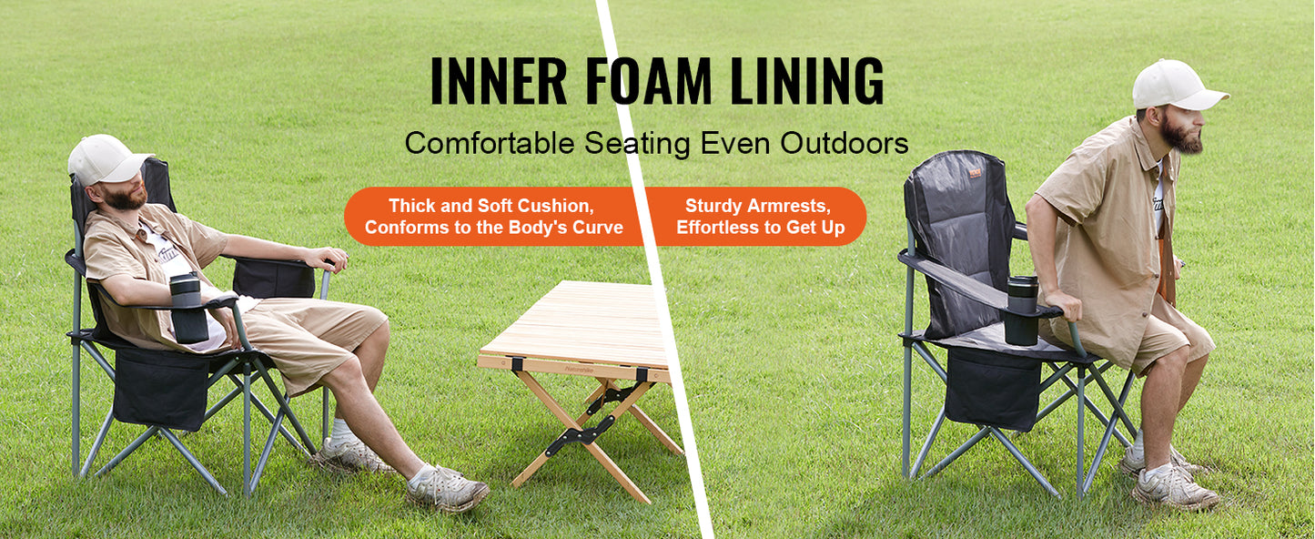 SucceBuy Camping Folding Chair for Adults With Quad Lumbar Back and Side Pockets for Beach, Lawn, Picnic