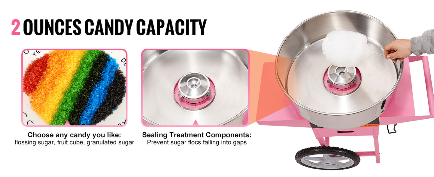 SucceBuy Electric Cotton Candy Machine with Cart and Stainless Steel Bowl
